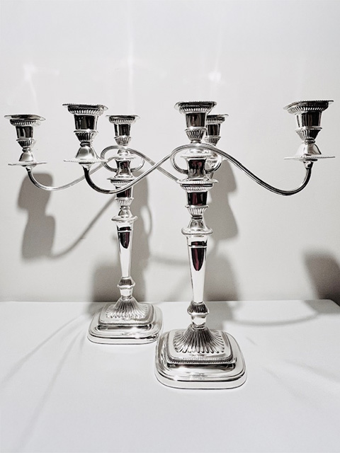 Pair of Antique Silver Plated Three Light Candelabra