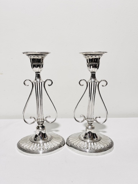 Novelty Pair of Antique Silver Plated Candlesticks Shaped as Lyres Novelty Pair of Antique Silver Plated Candlesticks Shaped as Lyres