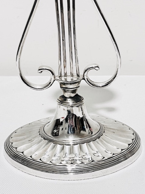 Novelty Pair of Antique Silver Plated Candlesticks Shaped as Lyres Novelty Pair of Antique Silver Plated Candlesticks Shaped as Lyres