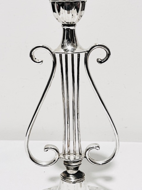 Novelty Pair of Antique Silver Plated Candlesticks Shaped as Lyres Novelty Pair of Antique Silver Plated Candlesticks Shaped as Lyres