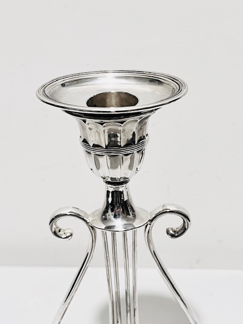 Novelty Pair of Antique Silver Plated Candlesticks Shaped as Lyres Novelty Pair of Antique Silver Plated Candlesticks Shaped as Lyres
