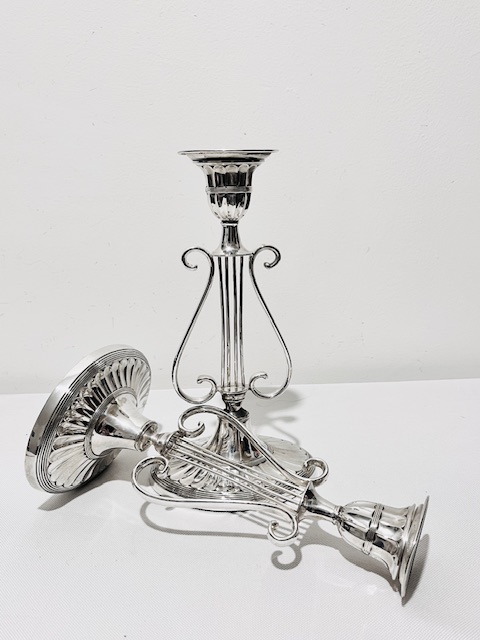 Novelty Pair of Antique Silver Plated Candlesticks Shaped as Lyres Novelty Pair of Antique Silver Plated Candlesticks Shaped as Lyres