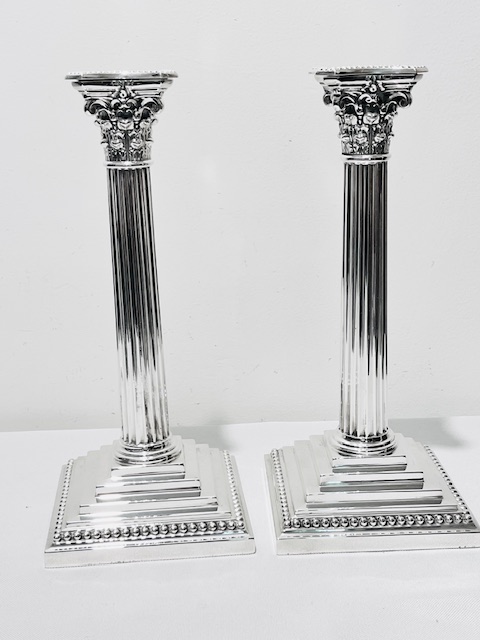 Pair of Antique Silver Plated Traditional Design Corinthian Column Candlesticks