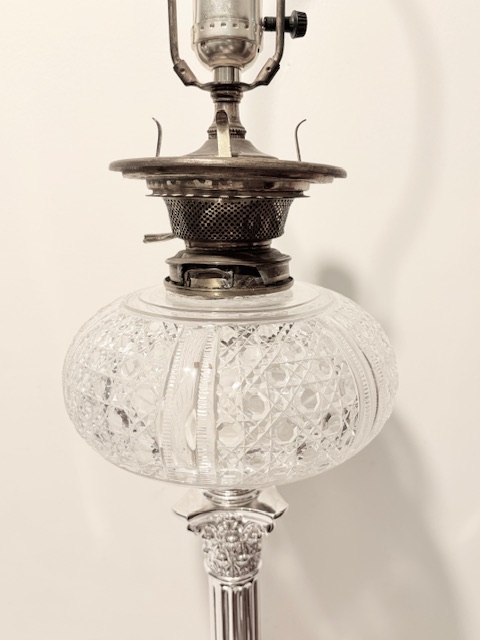 Antique Silver Plated Converted Oil Corinthian Column Table Lamp