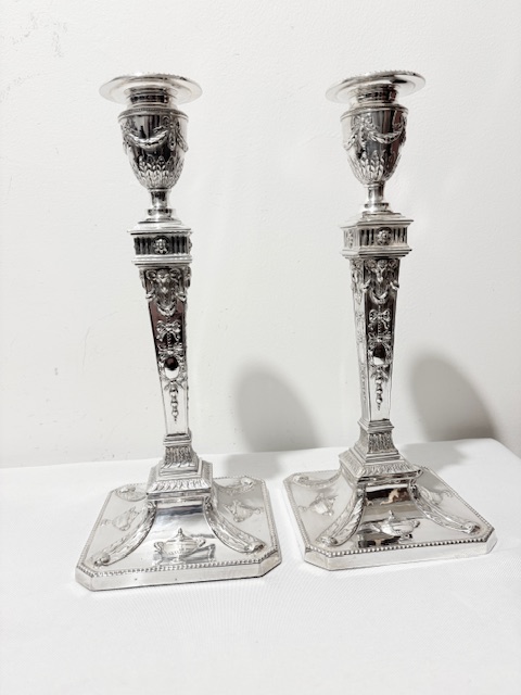 Handsome Pair of Old Sheffield Antique Candlesticks on Square Bases