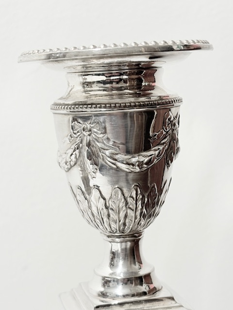 Handsome Pair of Old Sheffield Antique Candlesticks on Square Bases