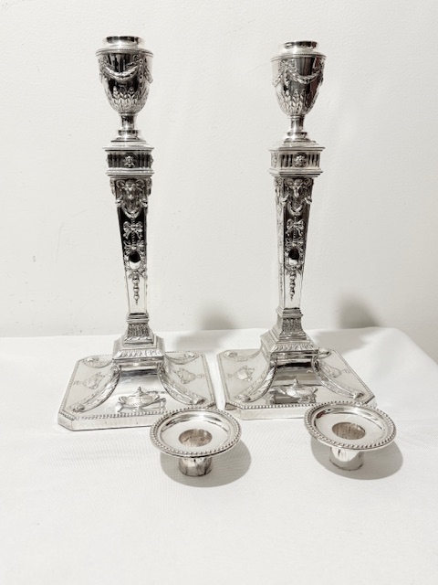 Handsome Pair of Old Sheffield Antique Candlesticks on Square Bases