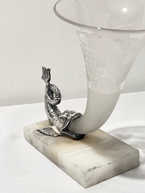 Antique Silver Plated and Glass Flower Vase on Cream Marble Base