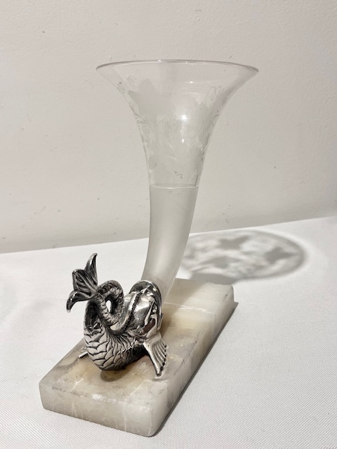 Antique Silver Plated and Glass Flower Vase on Cream Marble Base