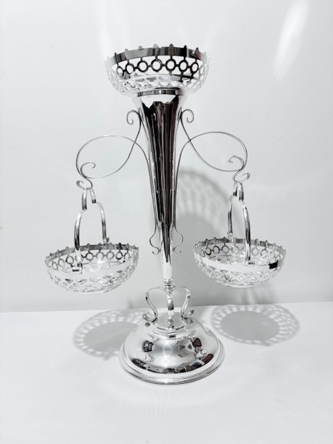 Antique Silver Plated Epergne with Central Flower Vase and Two Pierced Bowls