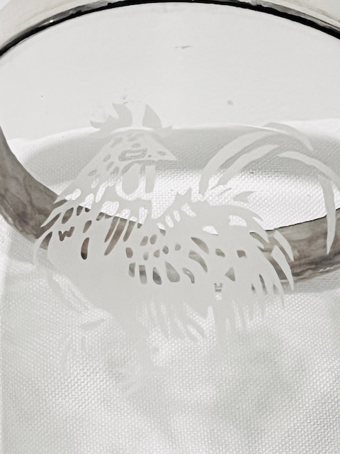 Large Antique Silver Plated and Glass Cocktail Shaker with an Etching of a Cockerel