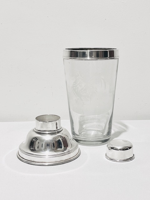 Large Antique Silver Plated and Glass Cocktail Shaker with an Etching of a Cockerel