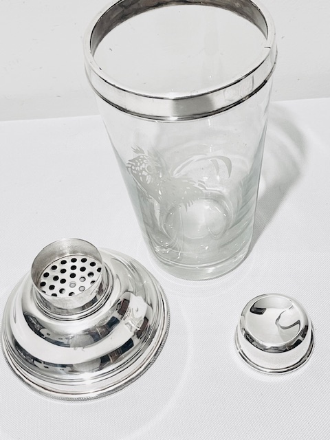 Large Antique Silver Plated and Glass Cocktail Shaker with an Etching of a Cockerel