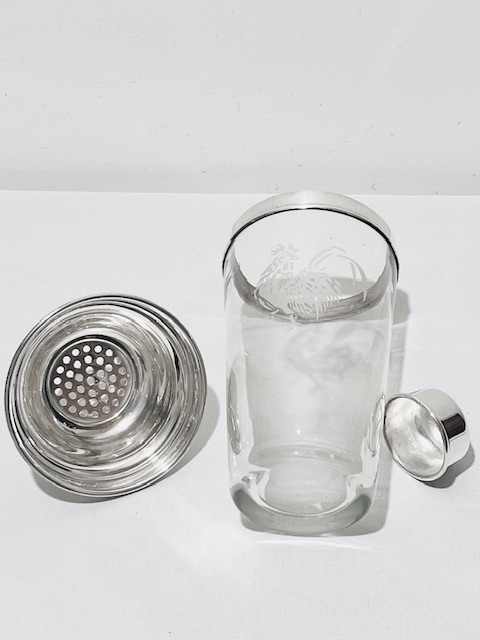 Large Antique Silver Plated and Glass Cocktail Shaker with an Etching of a Cockerel