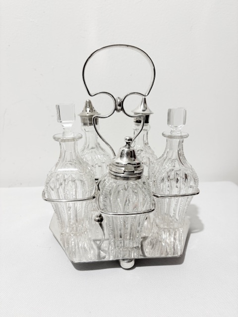 Antique Silver Plated and 5 Cut Glass Bottle Cruet