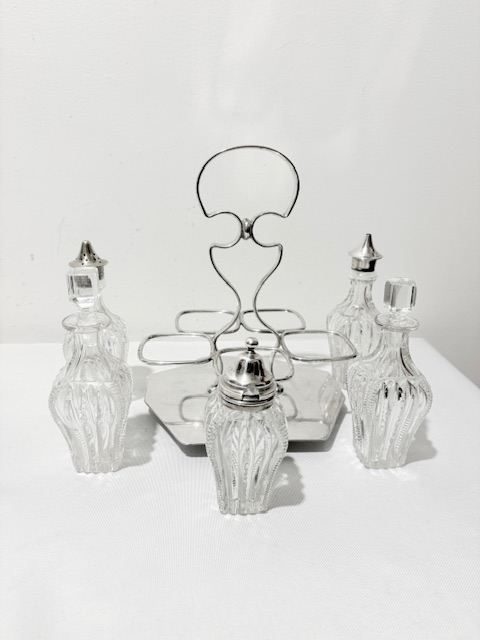 Antique Silver Plated and 5 Cut Glass Bottle Cruet