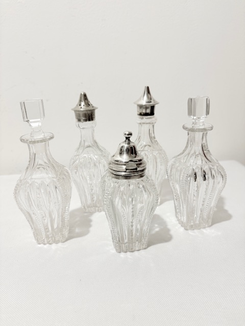 Antique Silver Plated and 5 Cut Glass Bottle Cruet