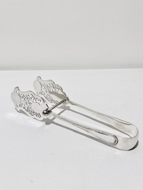 Antique Silver Plated Asparagus Tongs with Ribbon & Reed Decoration