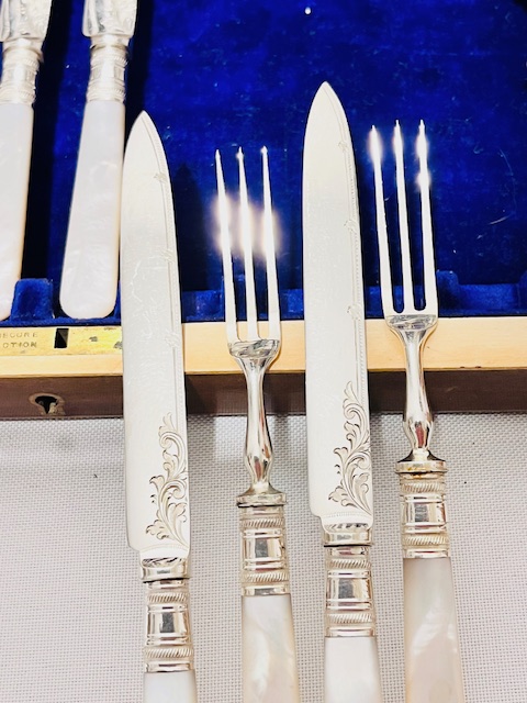 12 Place Setting Antique Silver Plated with Mother of Pearl Handles Fruit or Dessert Cutlery
