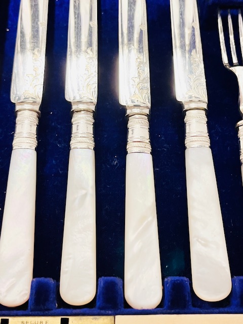 12 Place Setting Antique Silver Plated with Mother of Pearl Handles Fruit or Dessert Cutlery