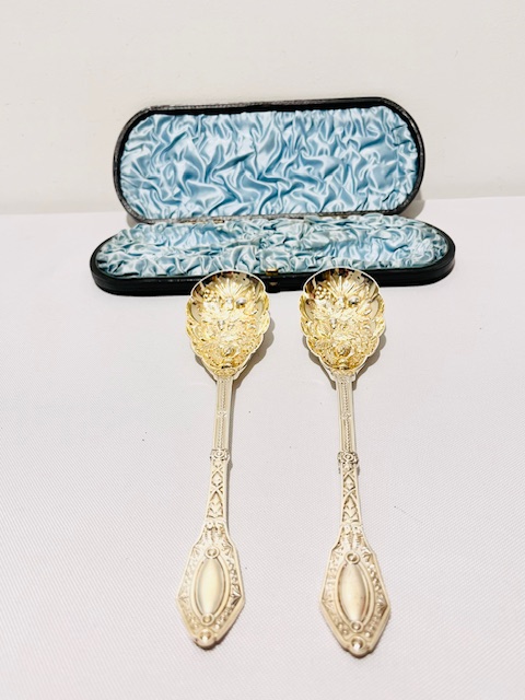 Boxed Pair of Antique Silver Plated Berry, Fruit Serving or Dessert Spoons