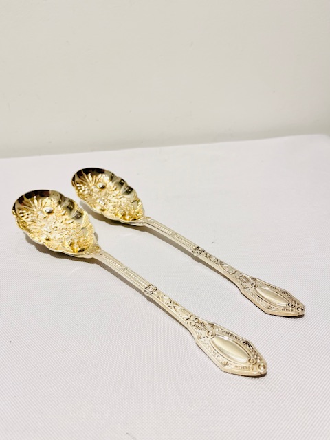 Boxed Pair of Antique Silver Plated Berry, Fruit Serving or Dessert Spoons
