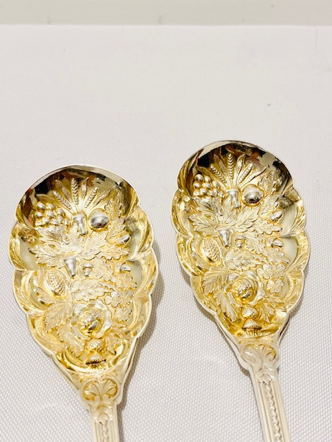 Boxed Pair of Antique Silver Plated Berry, Fruit Serving or Dessert Spoons