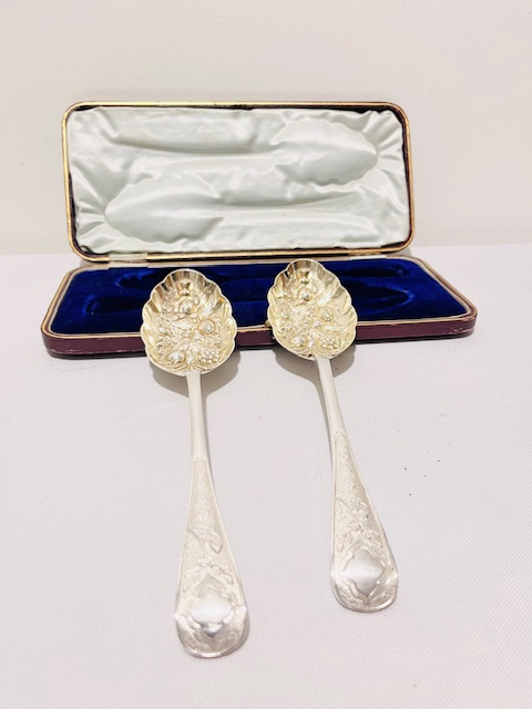 Pair of Dessert or Berry Serving Spoons Embossed with Fruit and Gilded Pair of Dessert or Berry Serving Spoons Embossed with Fruit and Gilded