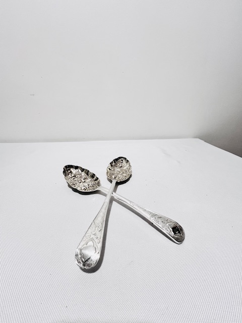 Pair of Dessert or Berry Serving Spoons Embossed with Fruit and Gilded Pair of Dessert or Berry Serving Spoons Embossed with Fruit and Gilded