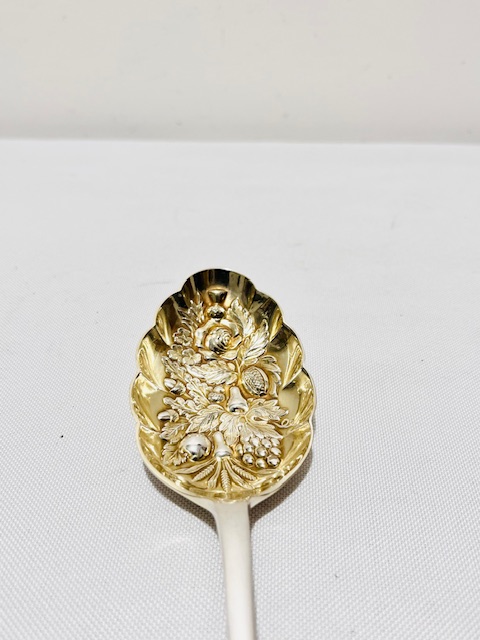 Pair of Dessert or Berry Serving Spoons Embossed with Fruit and Gilded Pair of Dessert or Berry Serving Spoons Embossed with Fruit and Gilded