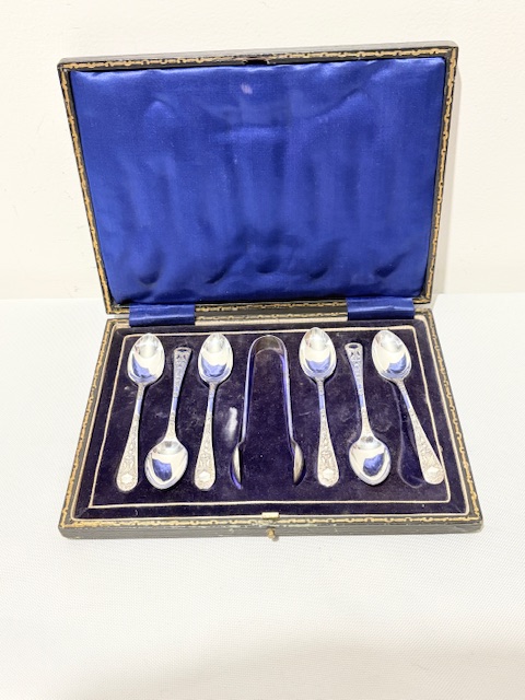 Antique Silver Plated Boxed Set of Six Tea Spoons and Sugar Tongs