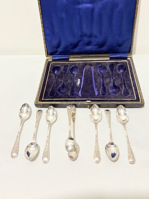 Antique Silver Plated Boxed Set of Six Tea Spoons and Sugar Tongs