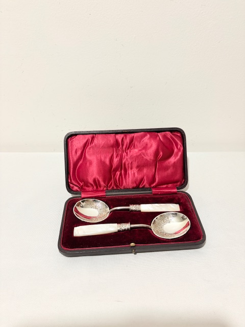 Pair of Antique Silver Plated with Mother of Pearl Handles Jam Spoons