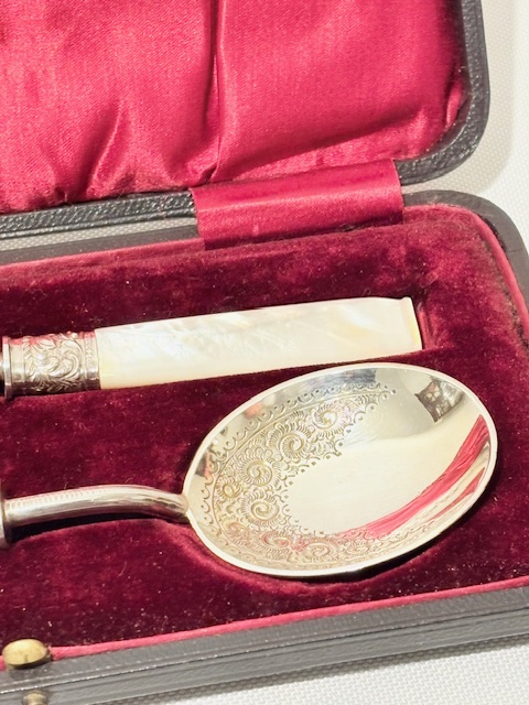 Pair of Antique Silver Plated with Mother of Pearl Handles Jam Spoons