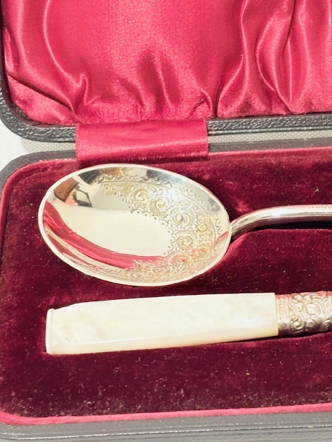 Pair of Antique Silver Plated with Mother of Pearl Handles Jam Spoons