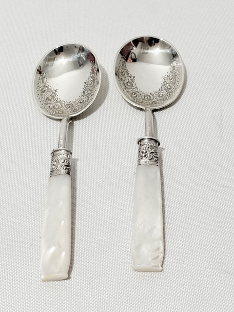 Pair of Antique Silver Plated with Mother of Pearl Handles Jam Spoons