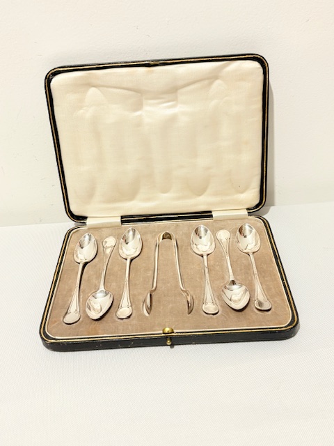 Boxed Antique Silver Plated Set of Six Teaspoons and Sugar Tongs