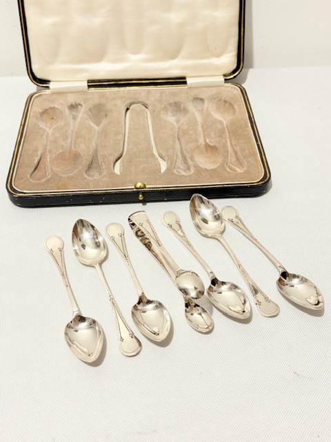 Boxed Antique Silver Plated Set of Six Teaspoons and Sugar Tongs
