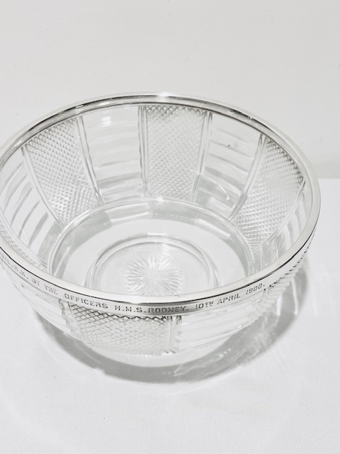 Antique Sterling Silver Mounted Cut Glass Salad Bowl with Naval Inscription
