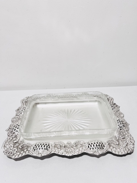 Unusual Antique Silver Plated and Frosted Glass Serving Dish