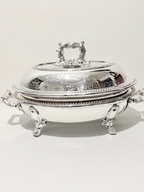 Handsome Antique Silver Plated Entree Dish on Warming Stand