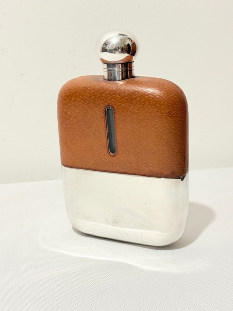 Antique Silver Plated and Cut Hide Hip Flask