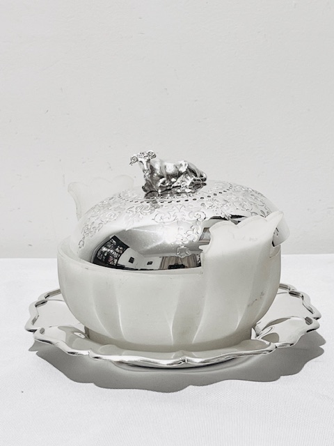 Silver Plated and Glass Butter Dish with Circular Wavy Shaped Tray