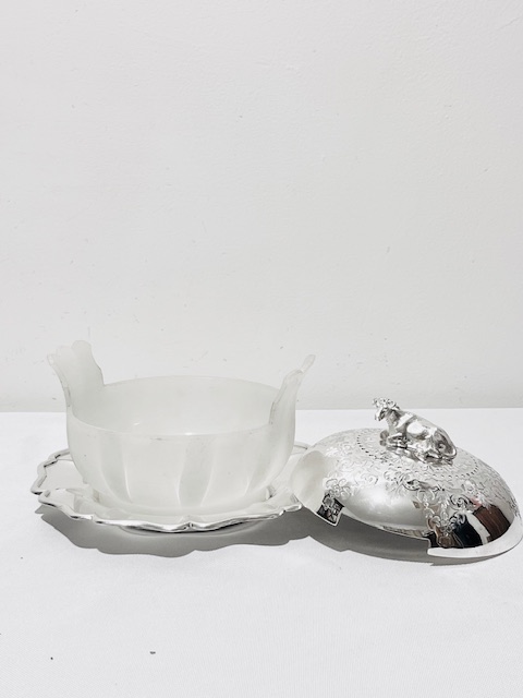 Silver Plated and Glass Butter Dish with Circular Wavy Shaped Tray