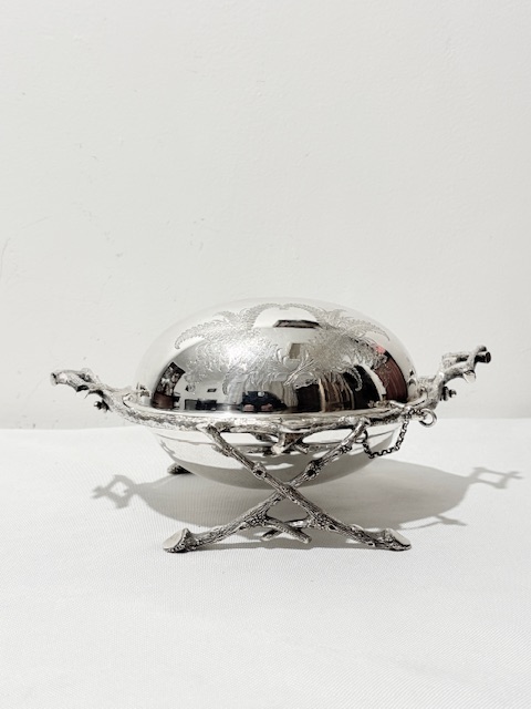 Antique Silver Plated Rollover Butter Dish Standing on a Twig Frame