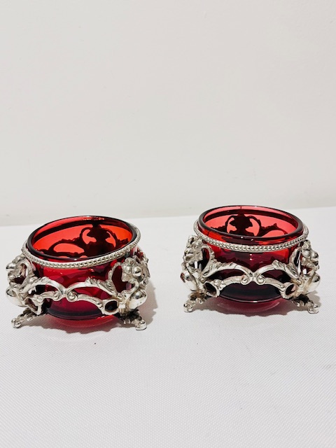 Pair of Antique Silver Plated Salt Cellars with Ruby Glass Liners