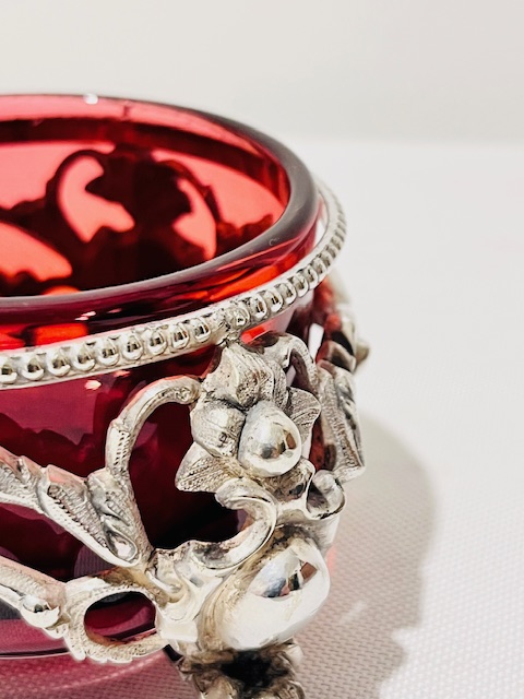Pair of Antique Silver Plated Salt Cellars with Ruby Glass Liners