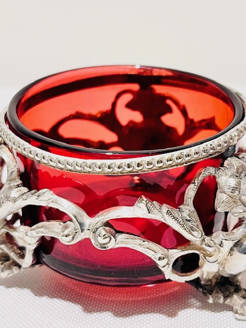 Pair of Antique Silver Plated Salt Cellars with Ruby Glass Liners