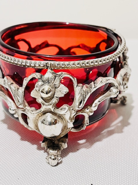 Pair of Antique Silver Plated Salt Cellars with Ruby Glass Liners