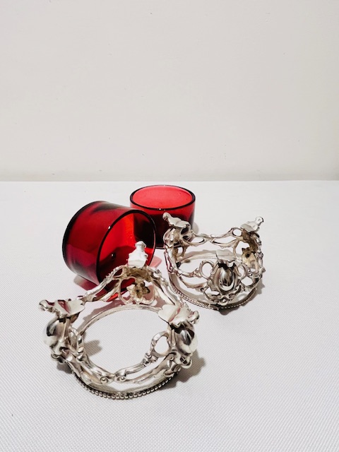 Pair of Antique Silver Plated Salt Cellars with Ruby Glass Liners